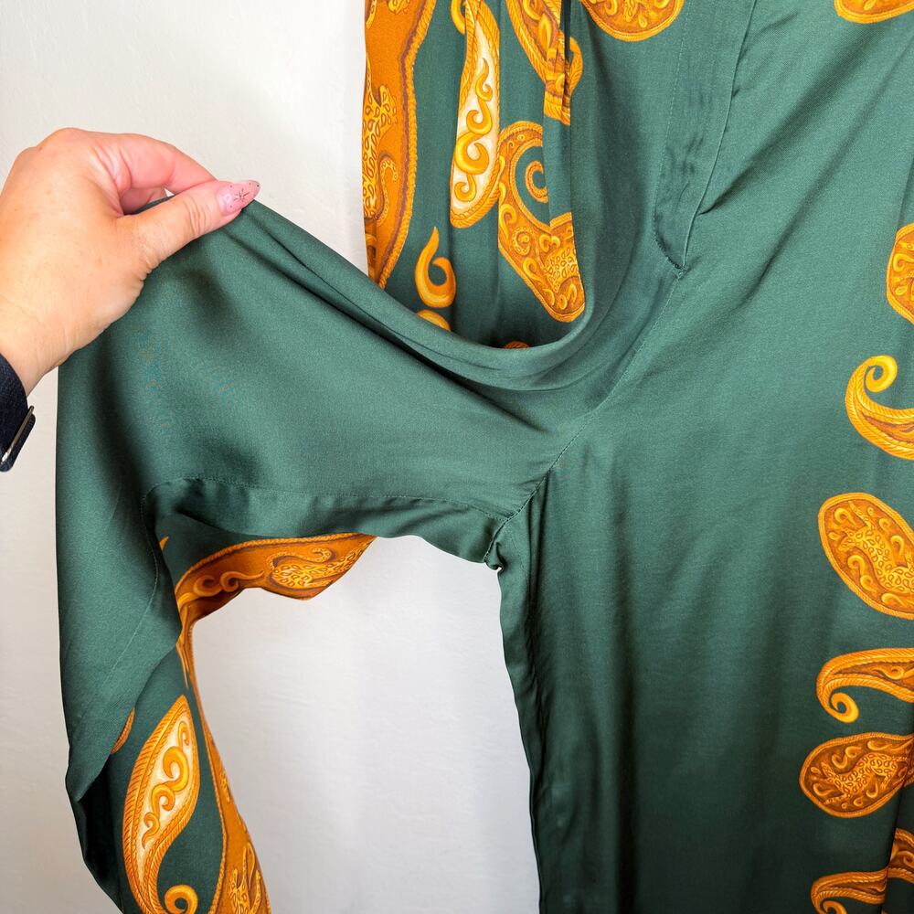 NWT Anthropologie Farm Rio Printed Wide Leg Green Gold Cheetah Satin Pants Med - Picture 11 of 15